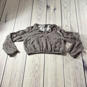 Zara Black & Tan Animal Print Crop Top Flutter Sleeve & Front Size 9 Ruffle